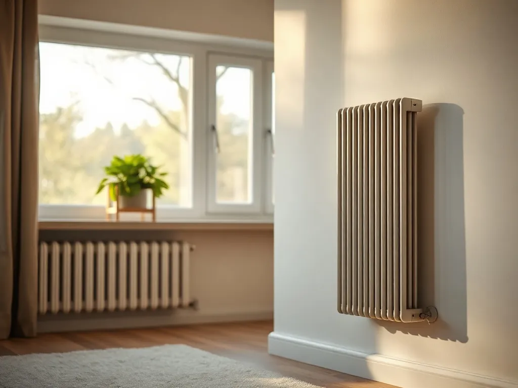 Nowoczesny, smukły grzejnik elektryczny w minimalistycznym salonie, podkreślający energooszczędne i estetyczne ogrzewanie wnętrza.