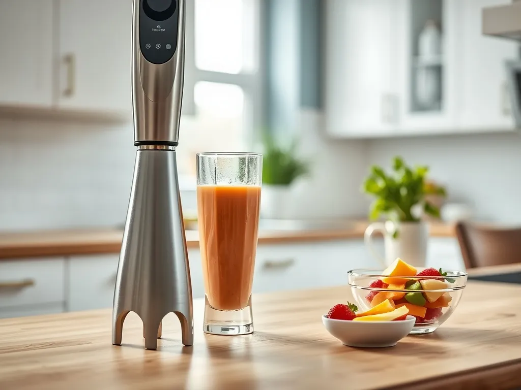 Nowoczesny blender ręczny na blacie z koktajlem i owocami, w jasnej kuchni – przykład sprzętu do domowego blendowania.