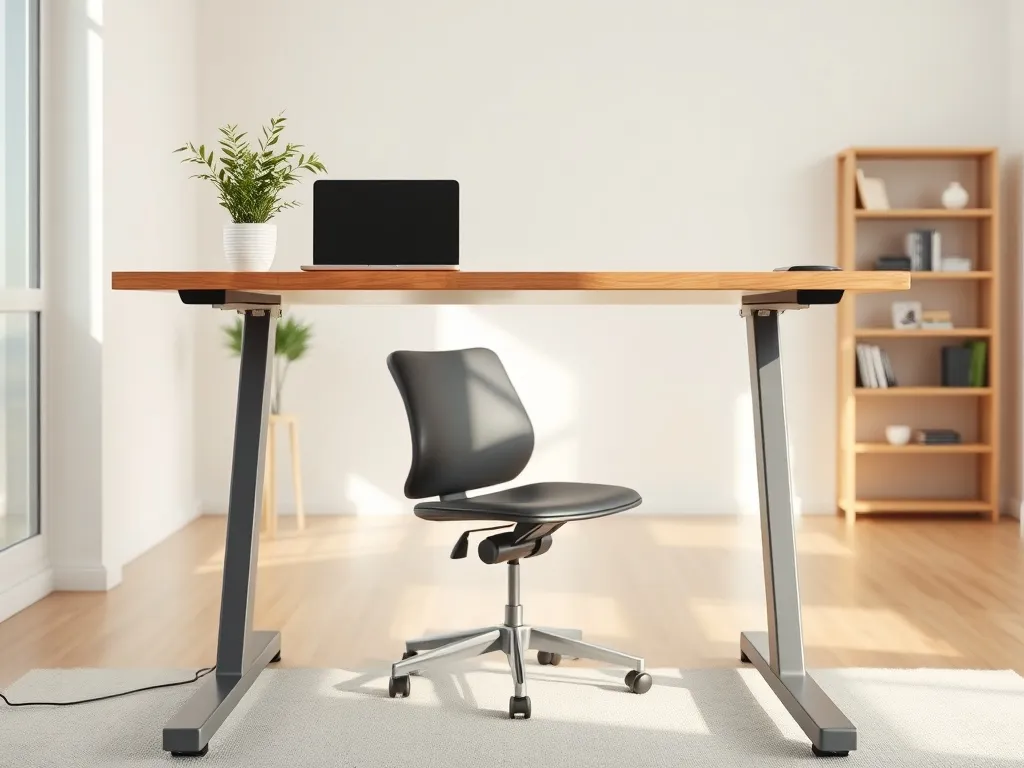 Nowoczesne biurko elektryczne z ergonomicznym fotelem w jasnym, minimalistycznym home office, podkreślające funkcję regulacji wysokości.