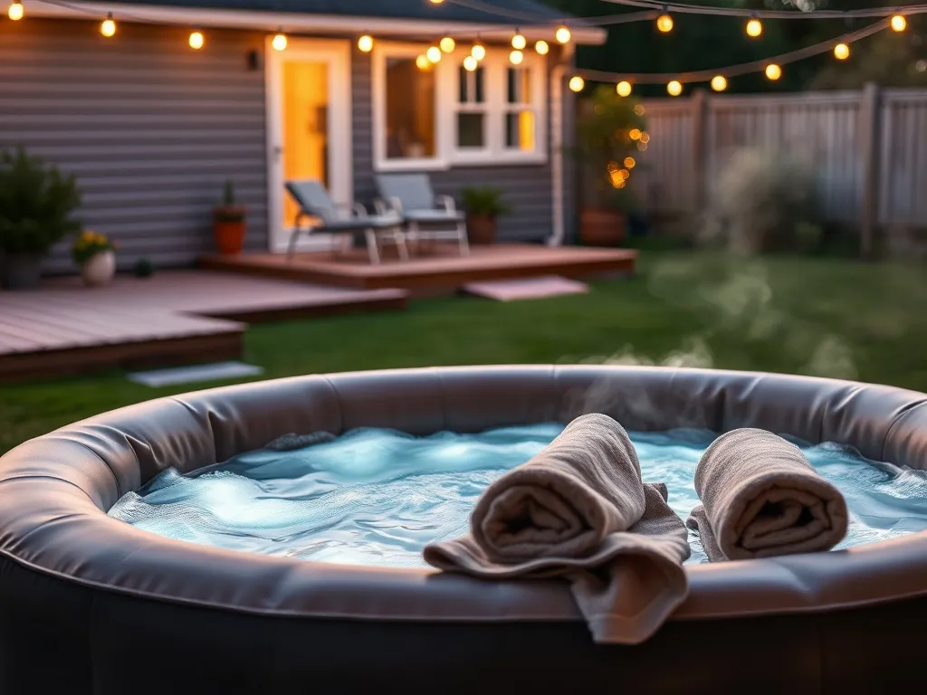 Nadmuchiwane jacuzzi ogrodowe na tarasie o zmierzchu, delikatnie podświetlone, z parującą wodą i ręcznikami na brzegu