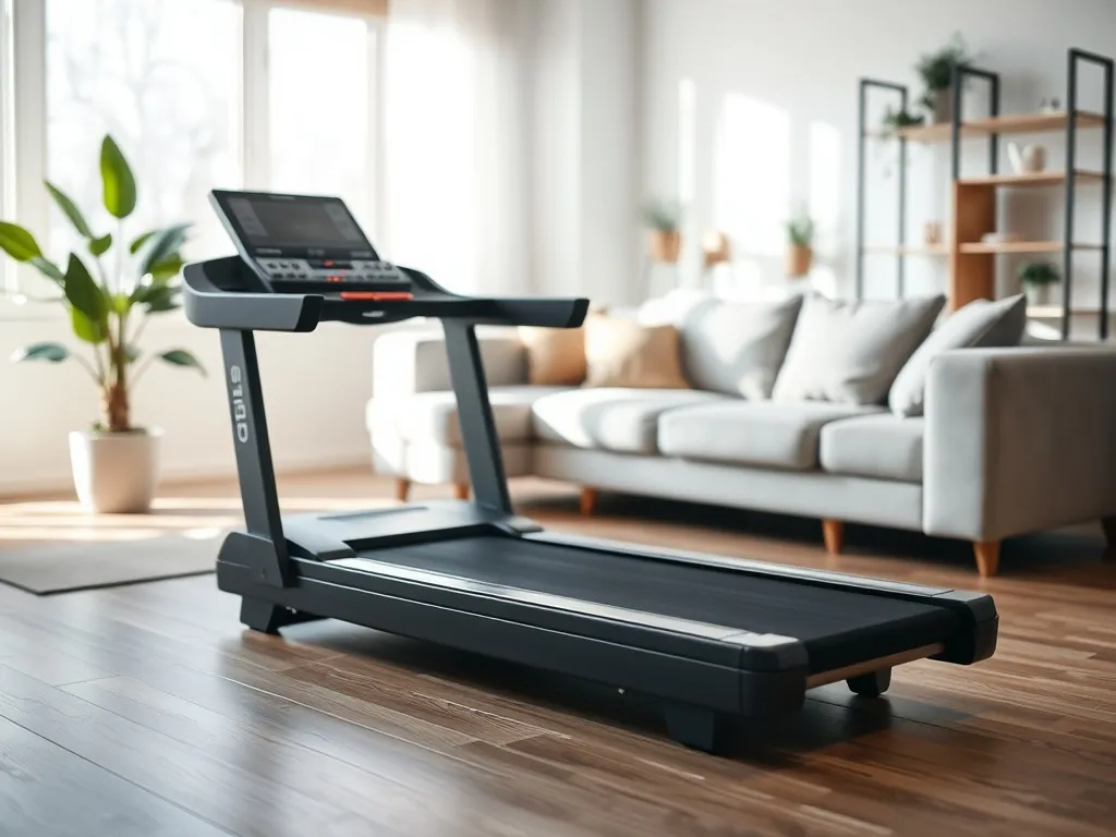 Nowoczesna bieżnia domowa w jasnym salonie, podkreślająca możliwość wygodnego treningu cardio w domu.