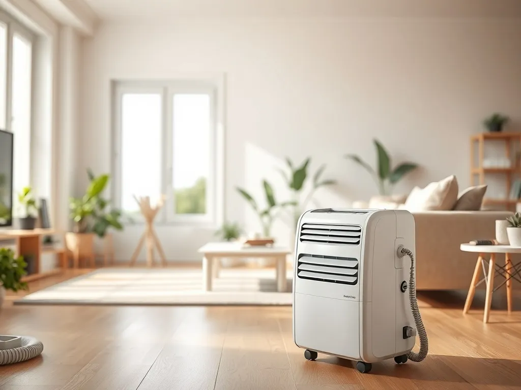 Nowoczesny salon latem z przenośnym klimatyzatorem przy kanapie, rura odprowadzająca ciepło podłączona do okna.