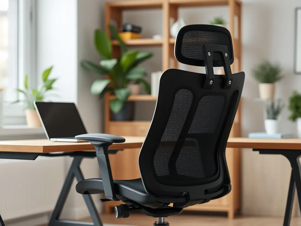 Nowoczesny ergonomiczny fotel biurowy przy prostym biurku w jasnym, minimalistycznym domowym biurze