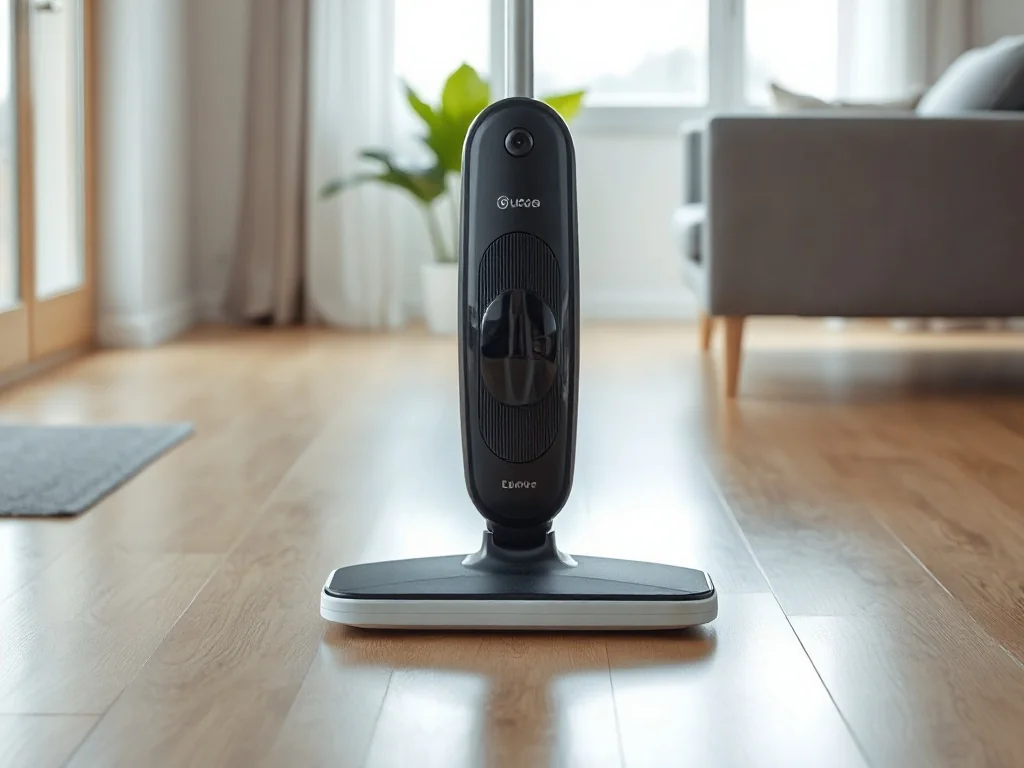 Nowoczesny mop elektryczny na lśniącej drewnianej podłodze w jasnym, minimalistycznym salonie z rośliną w tle.