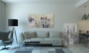 Nowoczesny mop elektryczny na lśniącej drewnianej podłodze w jasnym, minimalistycznym salonie z rośliną w tle.