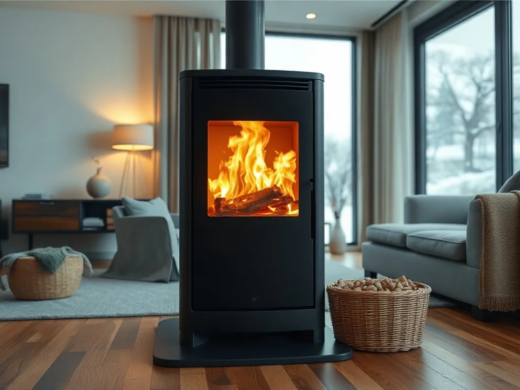 Nowoczesny piec na pellet 10 kW w przytulnym salonie, pokazujący wygląd i sposób działania urządzenia w zimowy dzień.