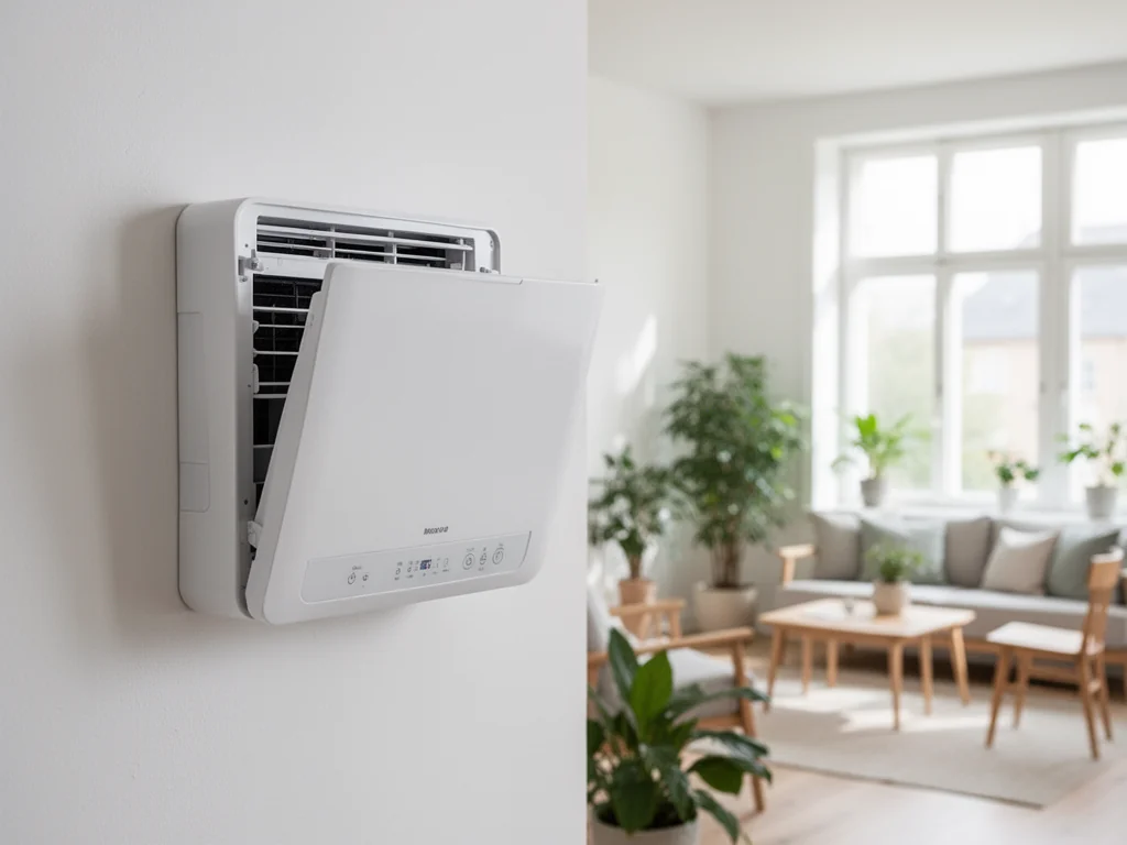 Nowoczesny rekuperator ścienny w jasnym, minimalistycznym salonie, podkreślający cichą i energooszczędną wentylację domu.
