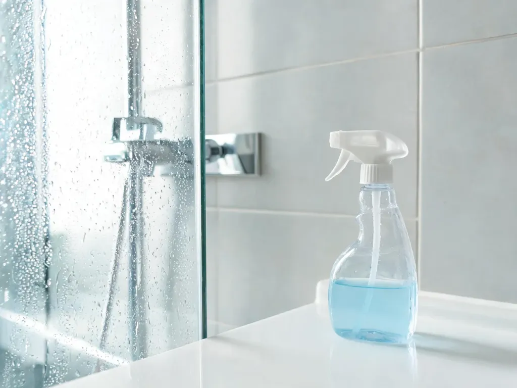 Czysta szklana kabina prysznicowa i butelka płynu do mycia, ilustrujące skuteczne środki do czyszczenia łazienki.