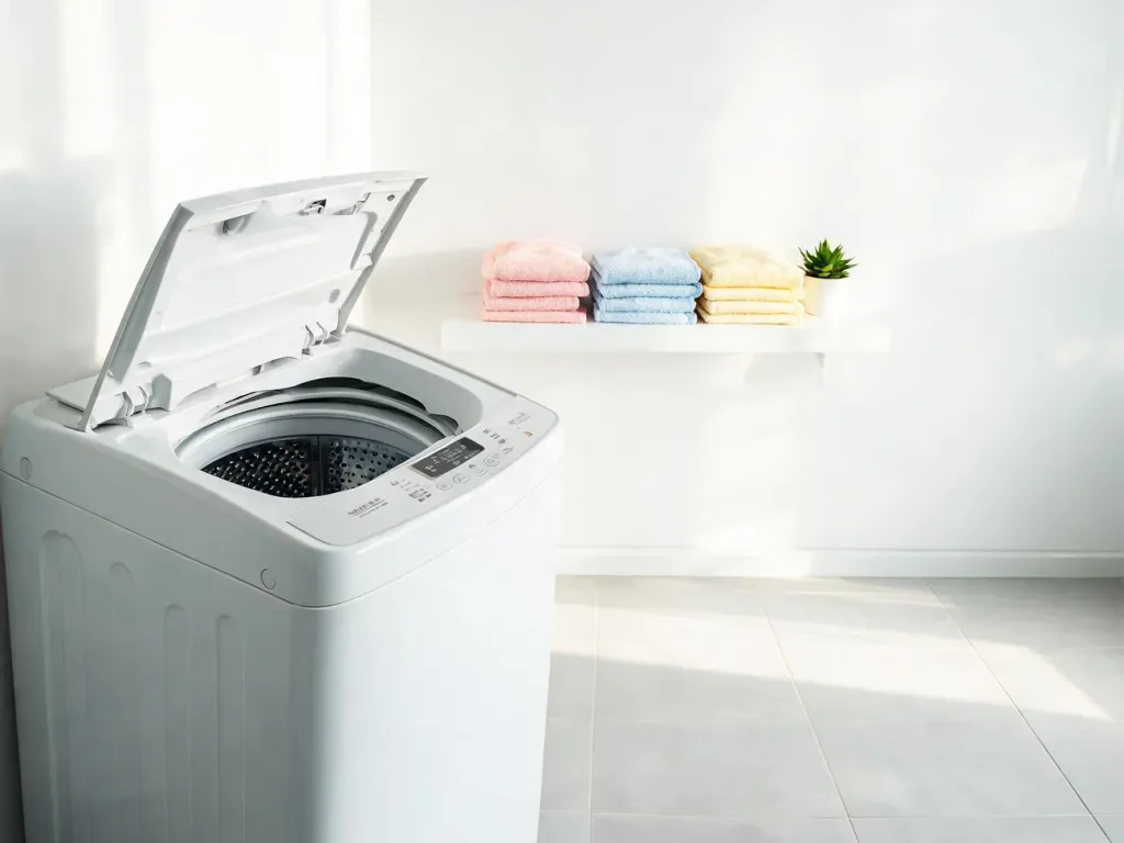 Nowoczesna pralka ładowana od góry w jasnej pralni, z otwartą pokrywą, obok ułożone ręczniki i roślina.