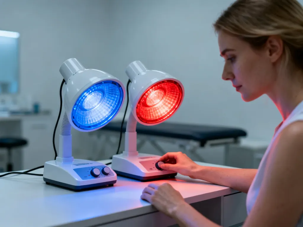 Specjalistka ustawia parametry lampy sollux; obok siebie widoczne są urządzenia emitujące światło niebieskie i czerwone.