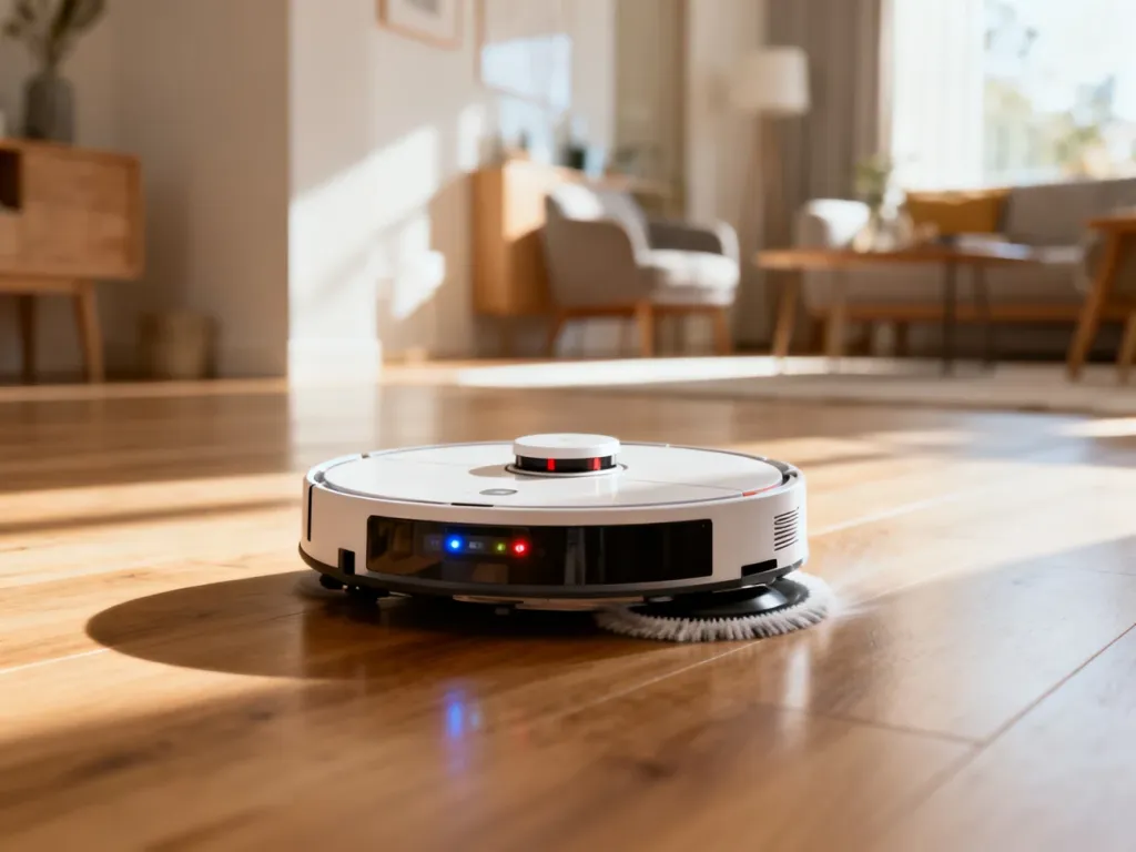 Nowoczesny robot sprzątający mopuje drewnianą podłogę w jasnym, minimalistycznym salonie w stylu skandynawskim.