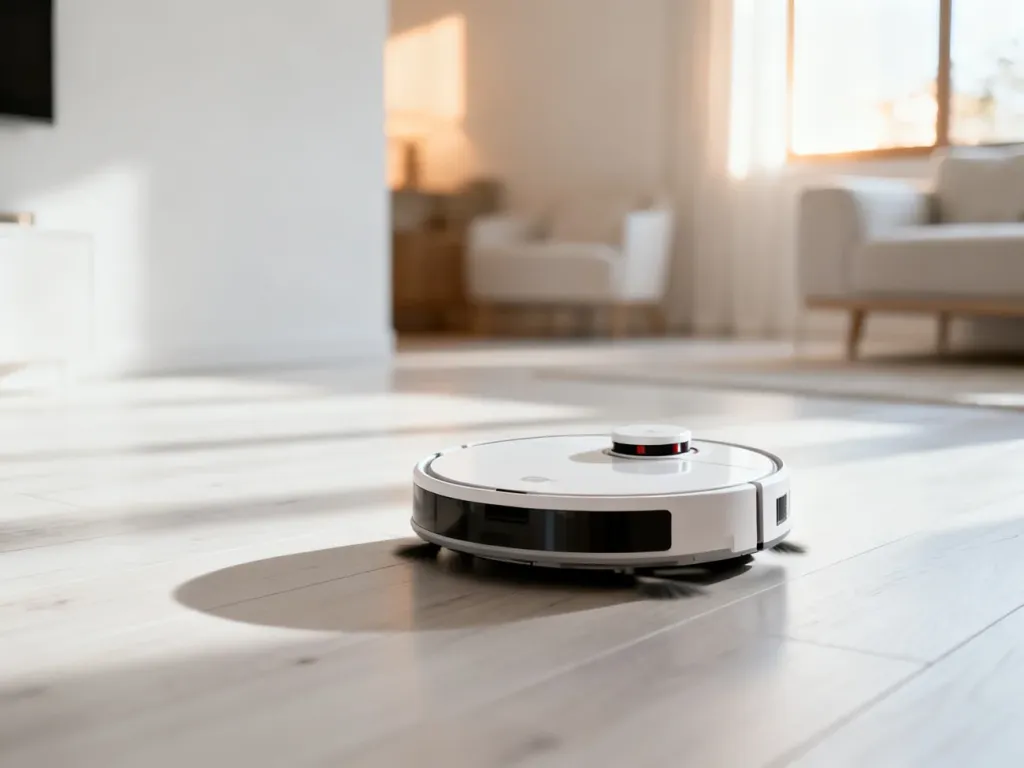 Nowoczesny robot odkurzający sprzątający jasną podłogę w minimalistycznym salonie wypełnionym naturalnym światłem.