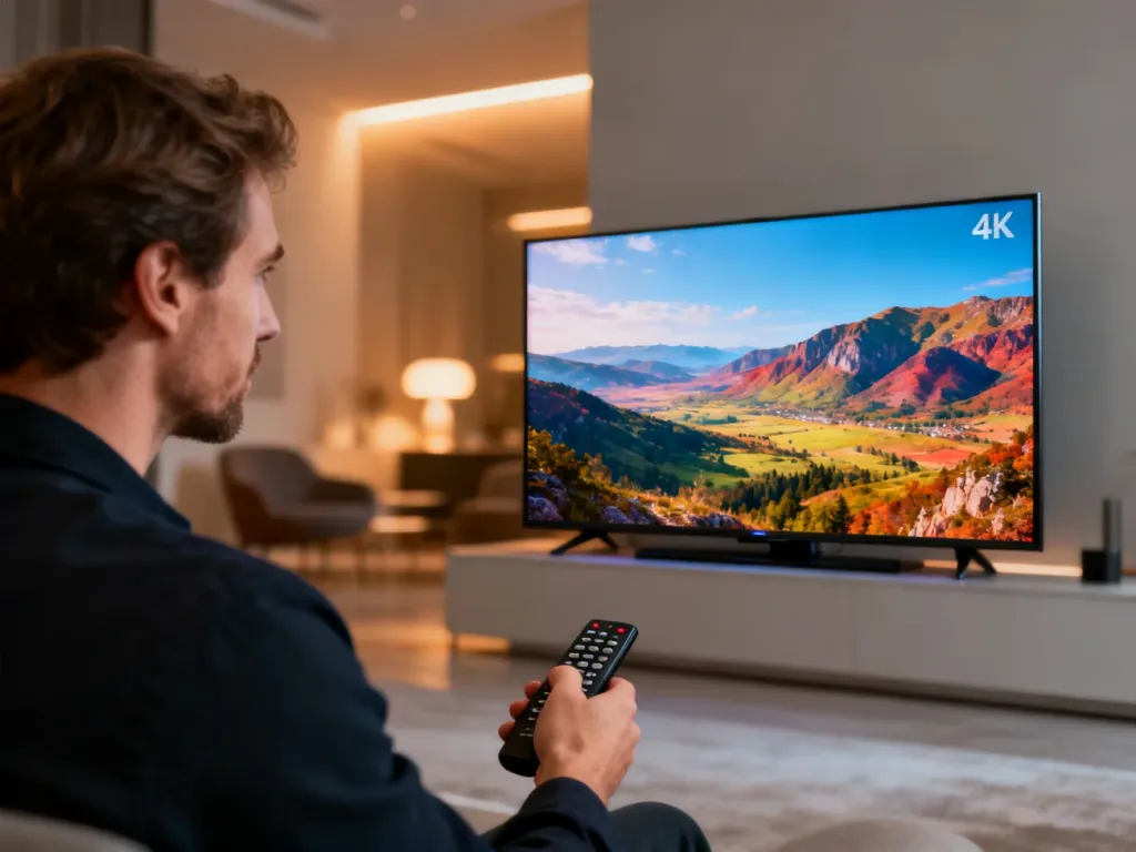 Nowoczesny telewizor 4K marki Hisense wyświetlający barwny krajobraz w minimalistycznym salonie.