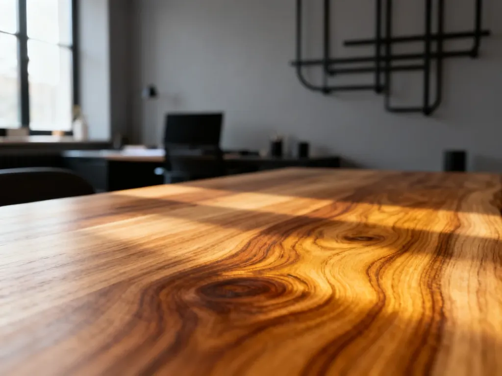 Minimalistyczne biurko z dębu artisan o wyraźnym usłojeniu w nowoczesnym, przytulnym domowym biurze.