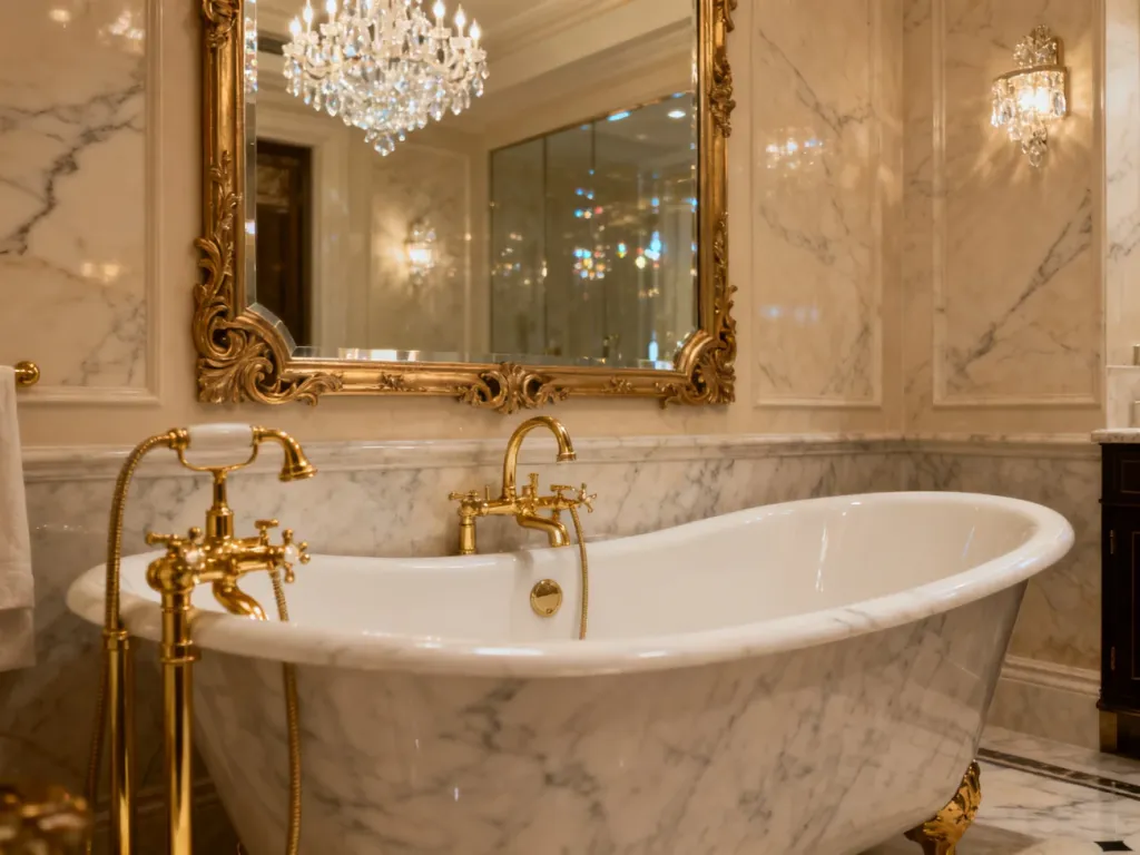 Luksusowa łazienka w stylu glamour z marmurową wanną, złotą armaturą i ozdobnym lustrem w ciepłym, eleganckim oświetleniu.