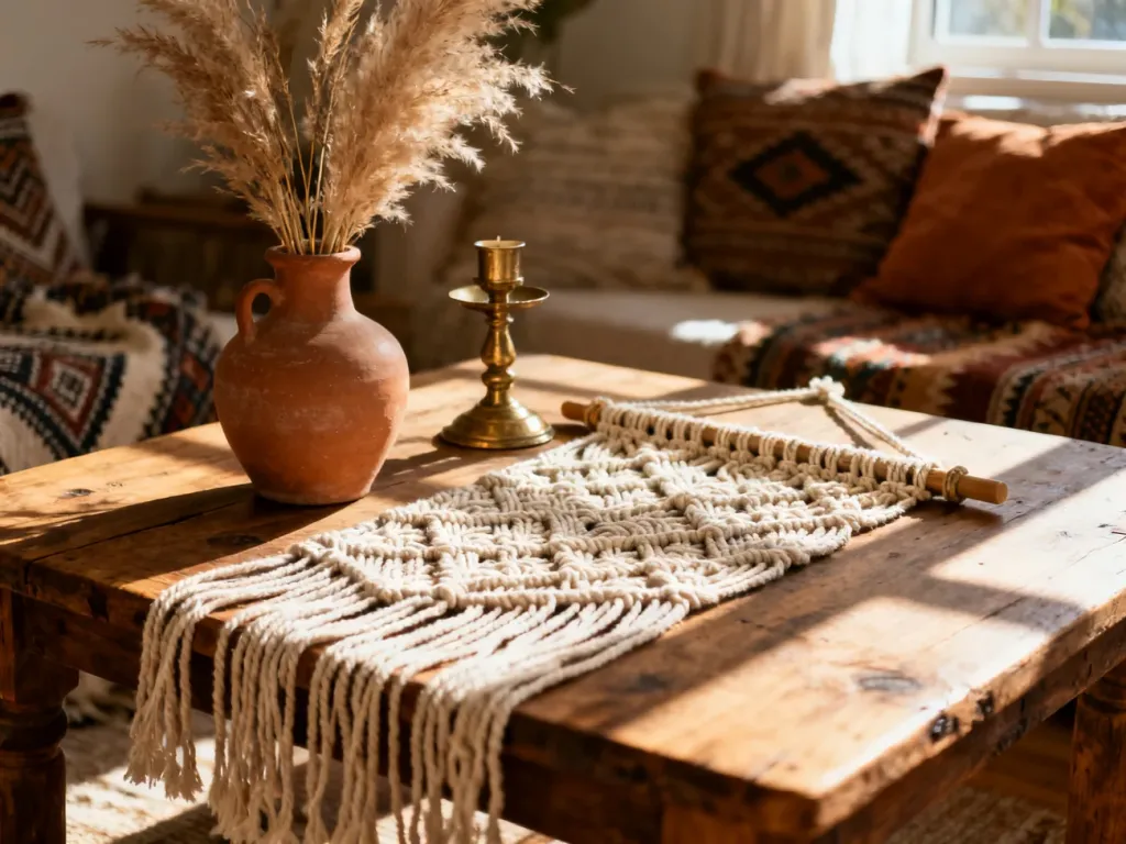 Ręcznie wykonana makrama, wazon z trawą pampasową i drewniany stół w przytulnym wnętrzu w stylu boho.