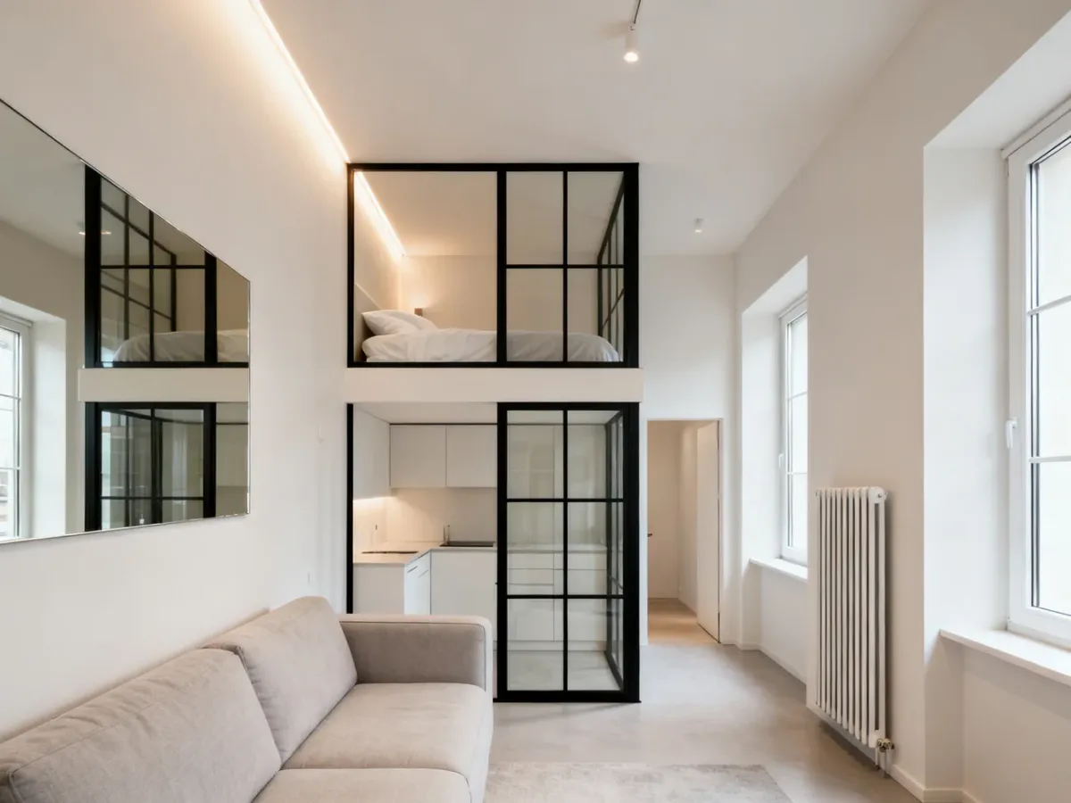 Małe mieszkanie w stylu loft z przeszkloną ścianką i dużym lustrem
