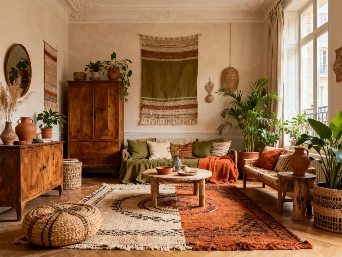 Eklektyczny salon w stylu boho z naturalnymi materiałami, roślinami i przedmiotami vintage
