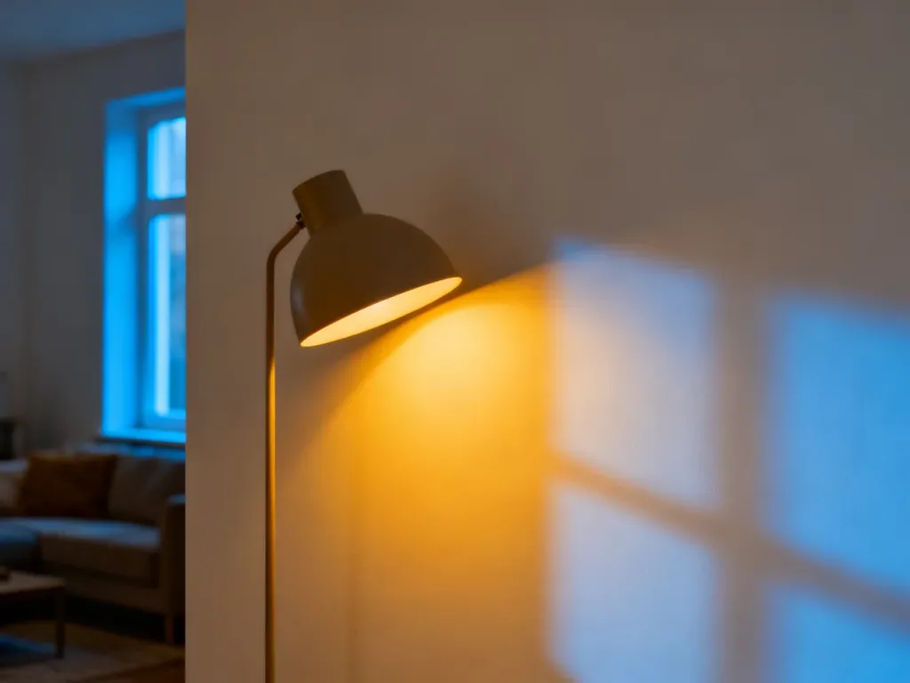 Nowoczesna lampa rzuca ciepłe światło na neutralną ścianę, tworząc kontrast z chłodnym cieniem i ukazując zmienność koloru.
