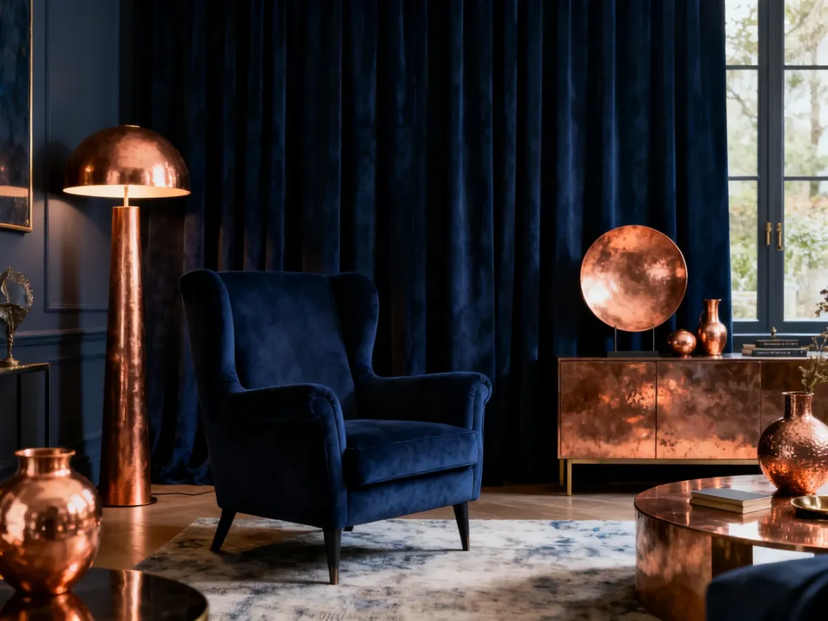 Elegancki salon w granatowej kolorystyce z miedzianymi akcentami