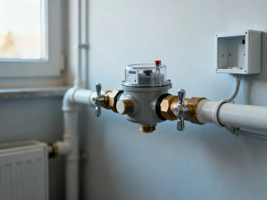 Prawidłowo zamontowany wodomierz z zaworami odcinającymi i uszczelnieniami w domowej instalacji hydraulicznej.