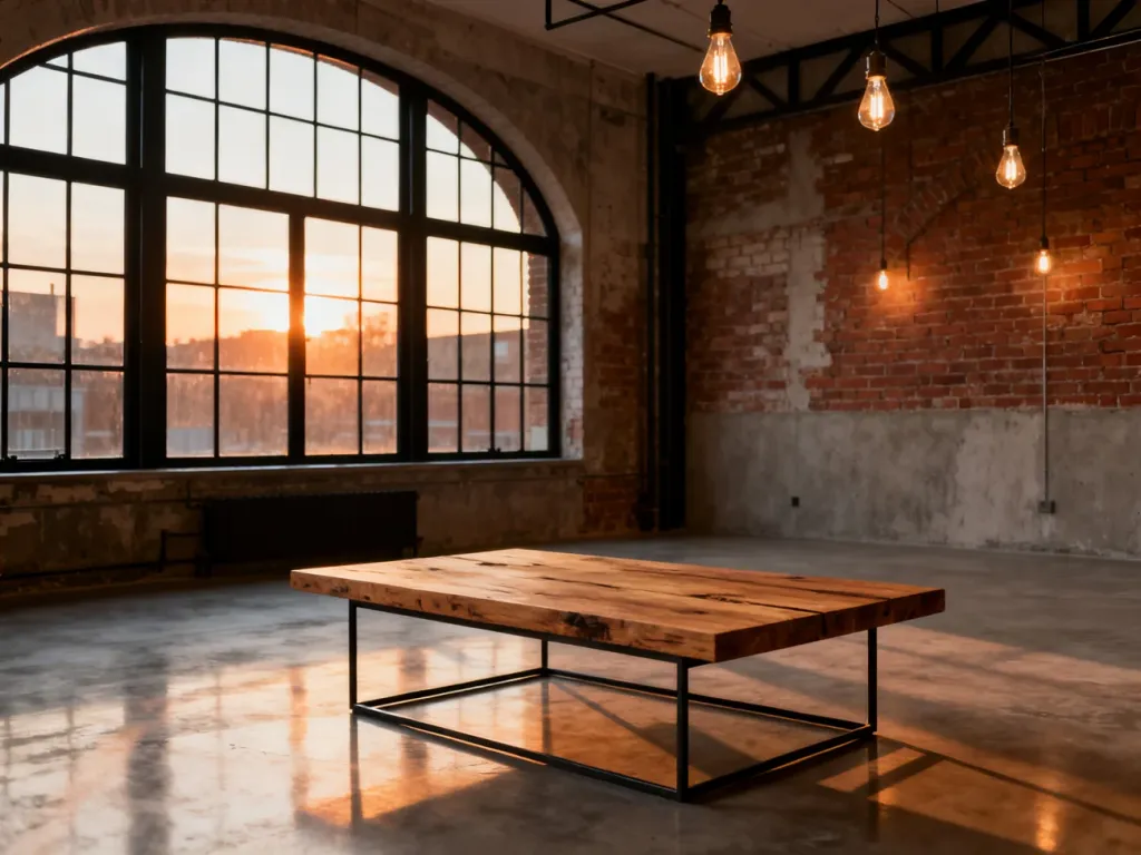 Przestronny loft z ceglanymi ścianami, betonową podłogą i industrialnymi meblami w ciepłym świetle zachodzącego słońca.