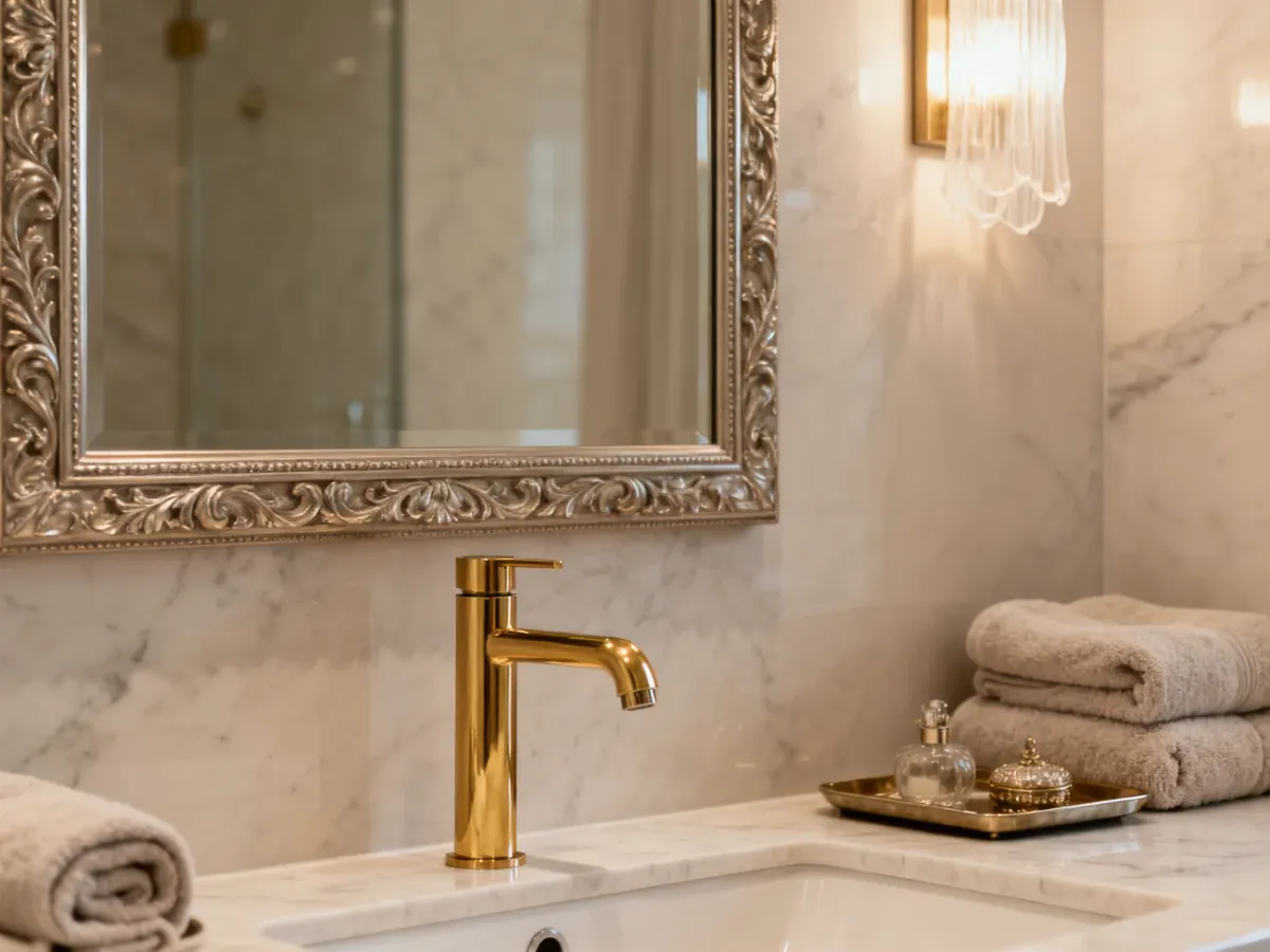 Detale łazienki glamour z ozdobnym lustrem, złotą baterią i eleganckimi dodatkami