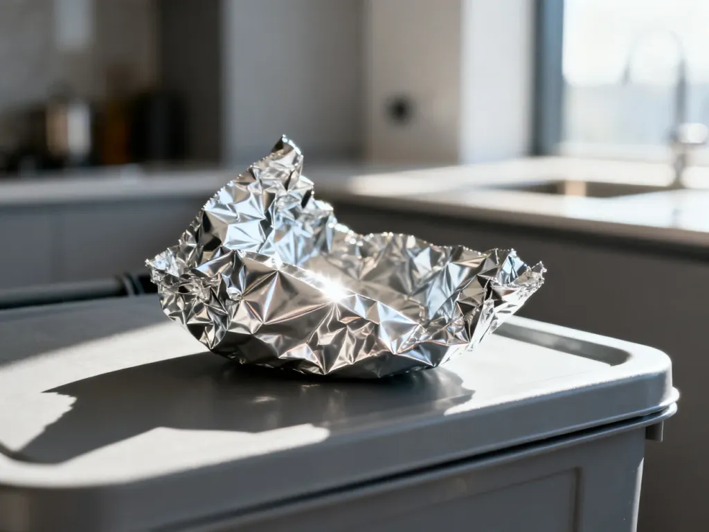 Zgnieciony kawałek folii aluminiowej na pokrywie kosza do segregacji odpadów.