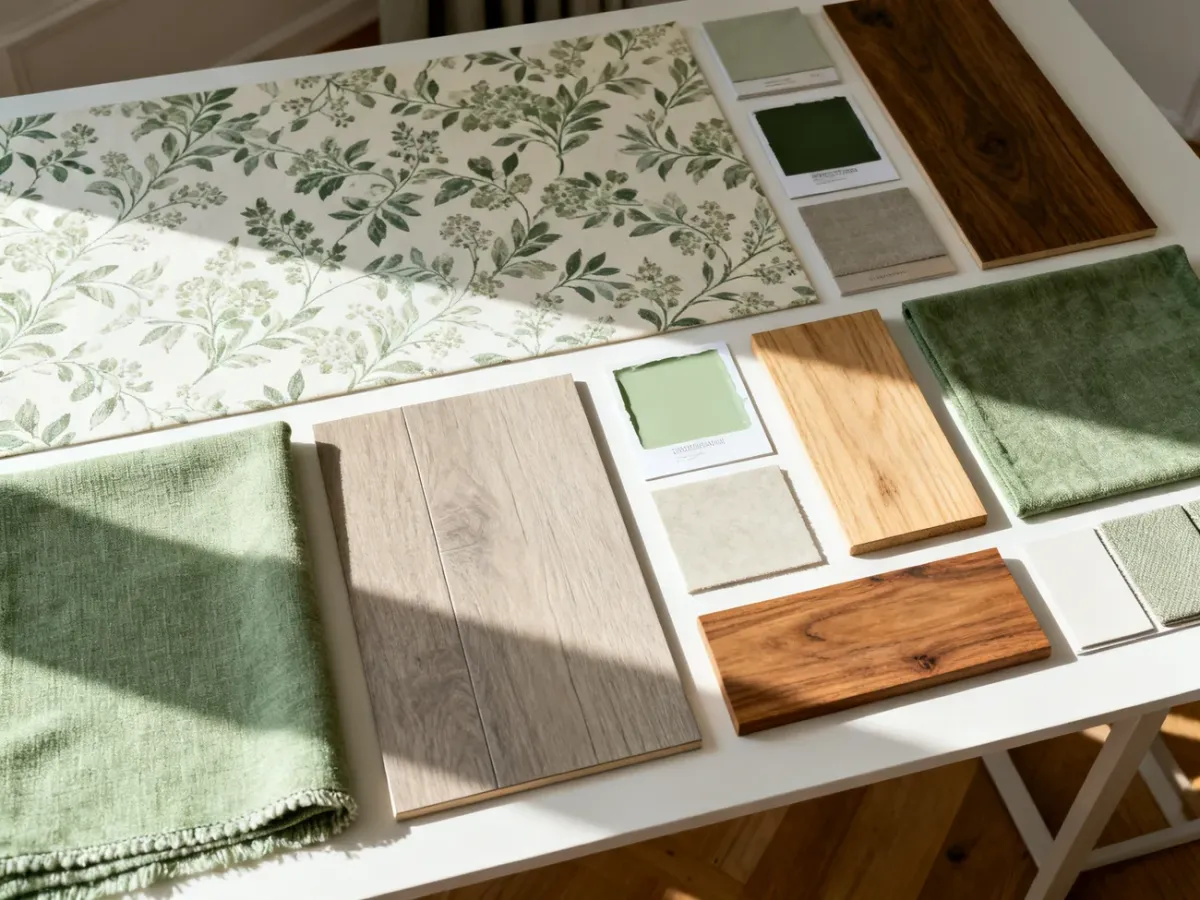 Moodboard z próbkami tapet, tkanin, farb i materiałów wykończeniowych