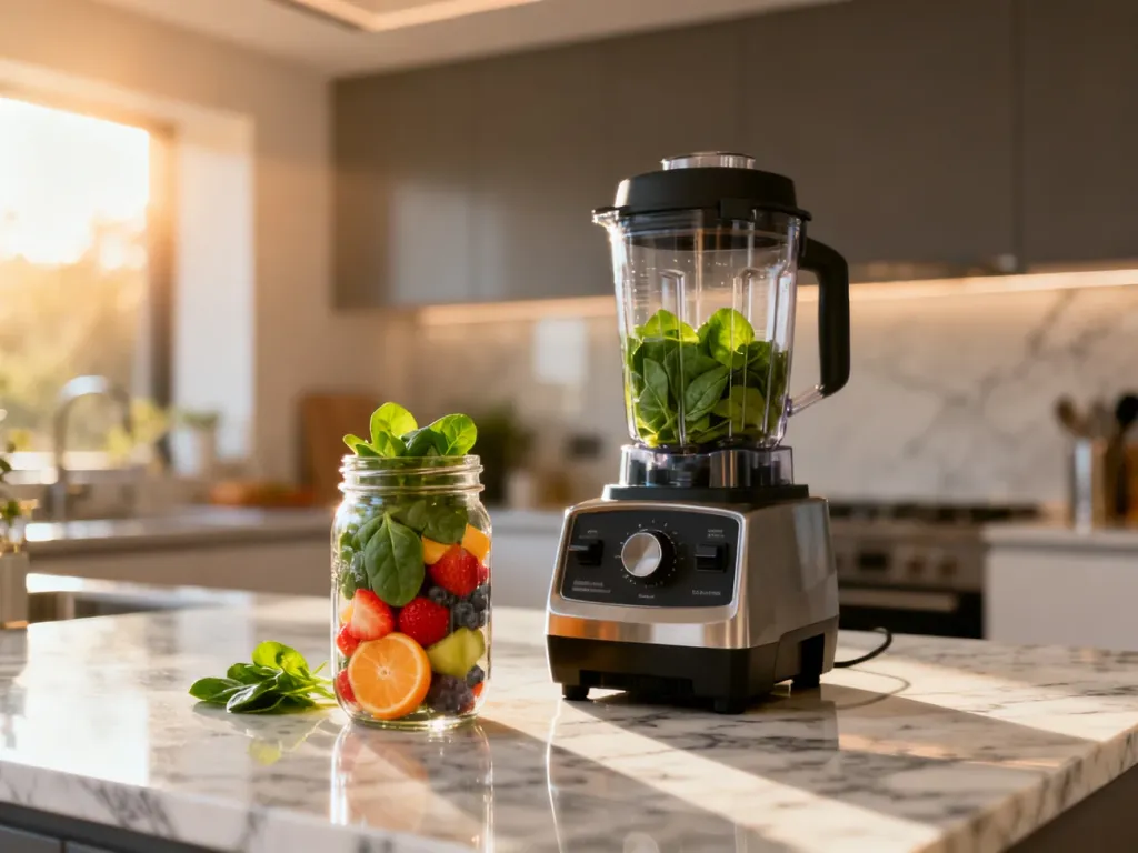 Nowoczesny blender kielichowy z owocami i szpinakiem na marmurowym blacie kuchennym.