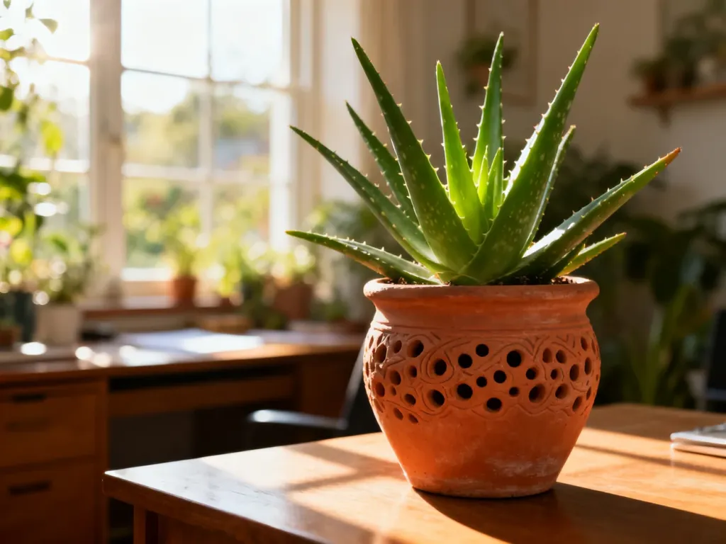 Zdrowy aloes w terakotowej doniczce na drewnianym biurku w słonecznym wnętrzu. Naturalne stanowisko dla sukulenta.