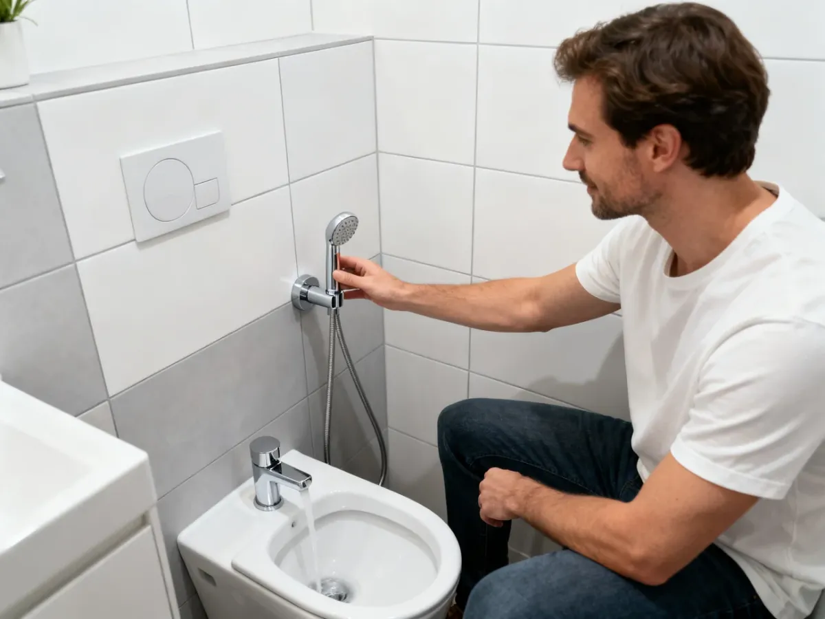 Testowanie zasięgu do uchwytu bidetty obok toalety