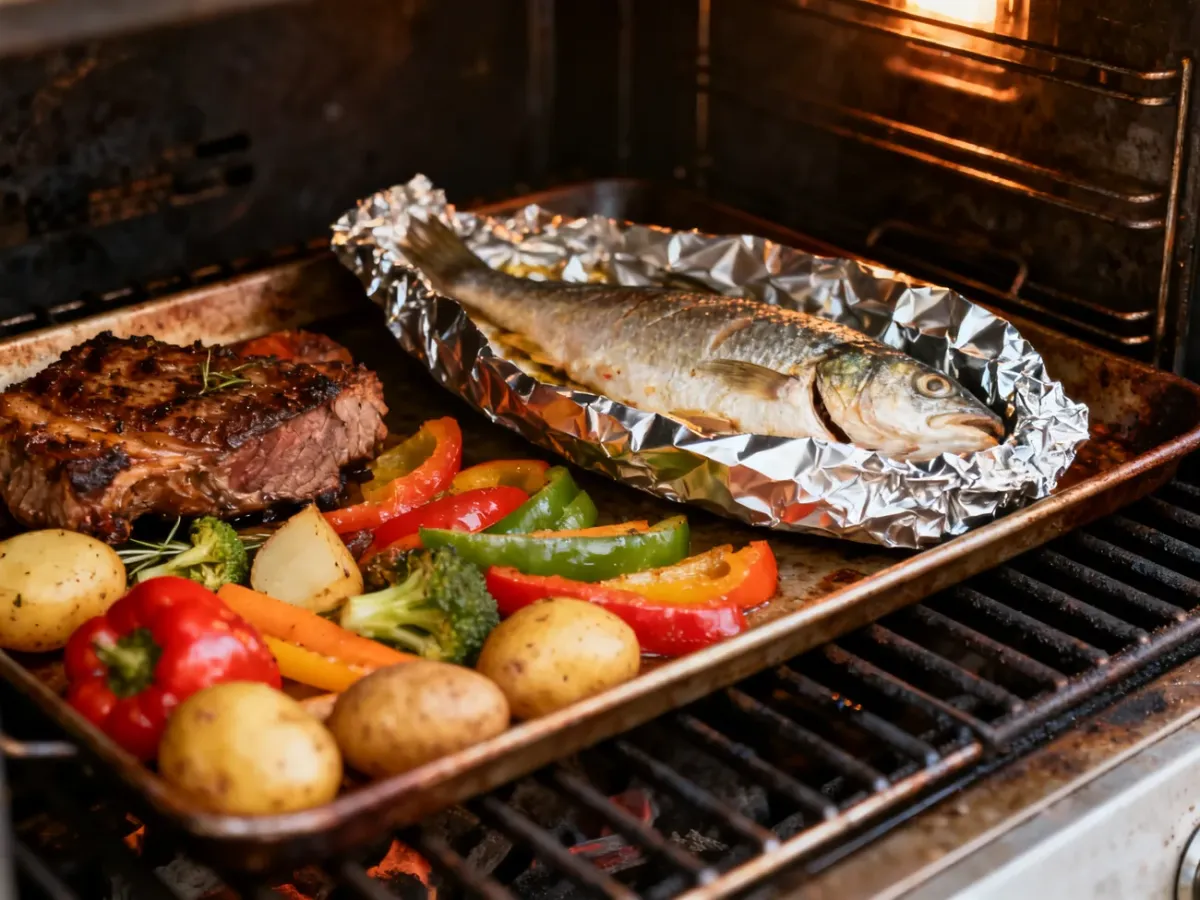 Folia aluminiowa używana do pieczenia ryby, mięsa, warzyw i ziemniaków