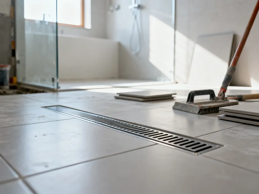 Proces montażu nowoczesnego prysznica typu walk-in z widocznym odpływem liniowym i płytkami ceramicznymi.