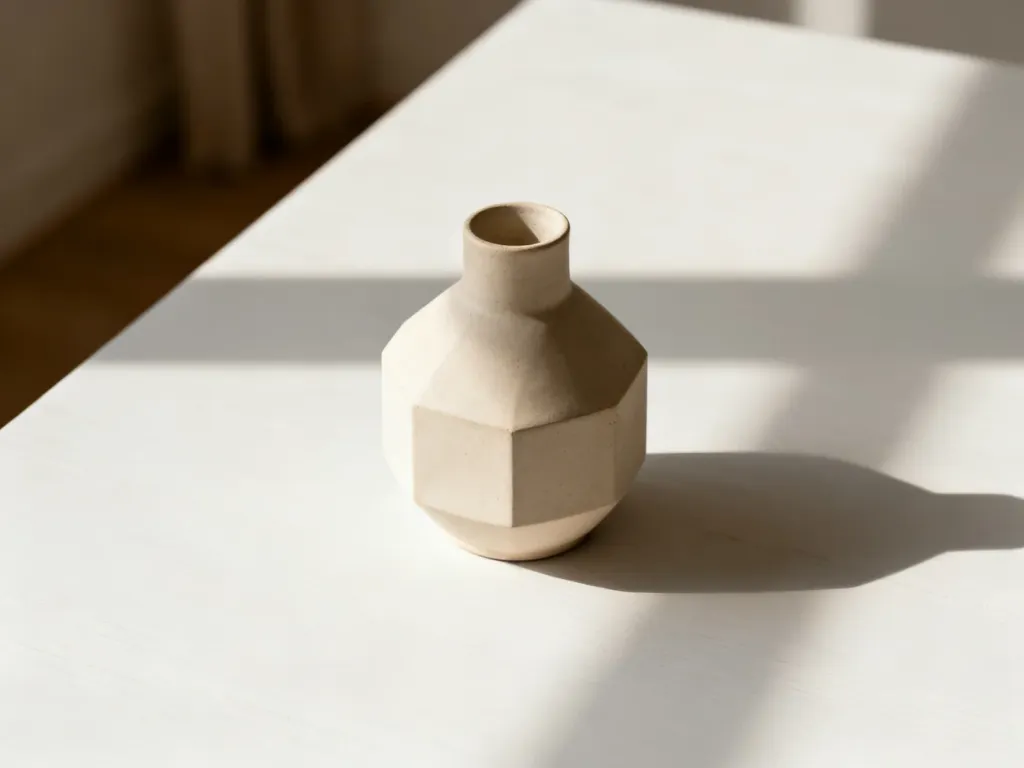 Ręcznie wykonany ceramiczny wazon o geometrycznym kształcie na minimalistycznym, jasnym tle, podkreślający prostotę stylu.