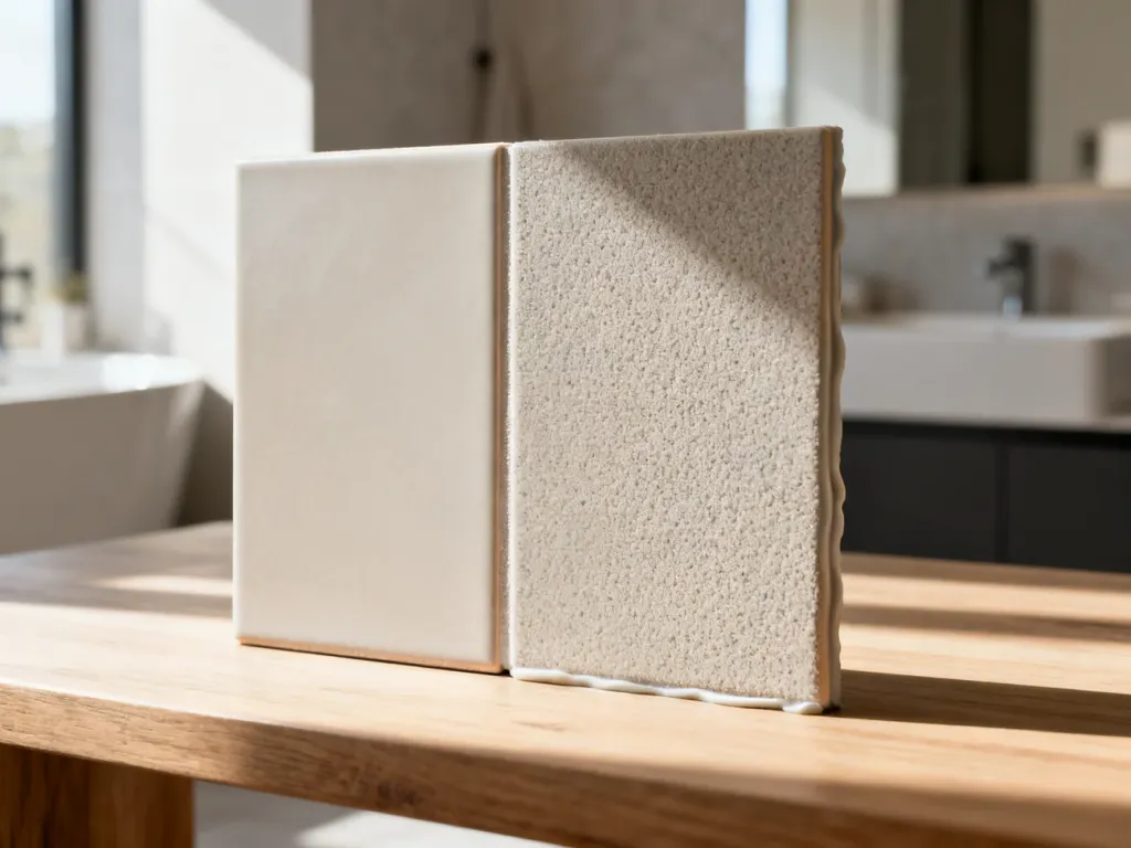 Porównanie faktur fugi ceramicznej i elastycznej na próbkach ułożonych obok siebie.