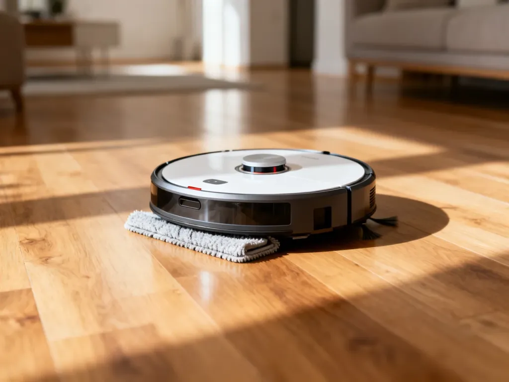Nowoczesny robot sprzątający z funkcją mopowania na wypolerowanej podłodze w minimalistycznym salonie.