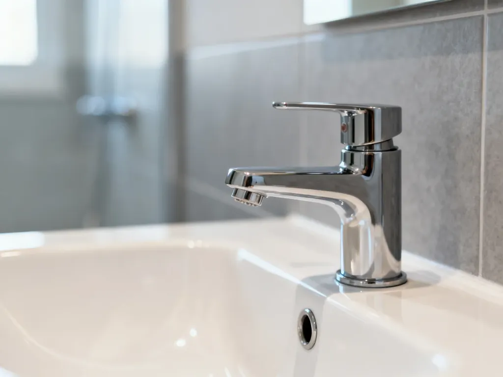 Nowoczesna chromowana bateria umywalkowa zamontowana nad białą ceramiką w minimalistycznej łazience.