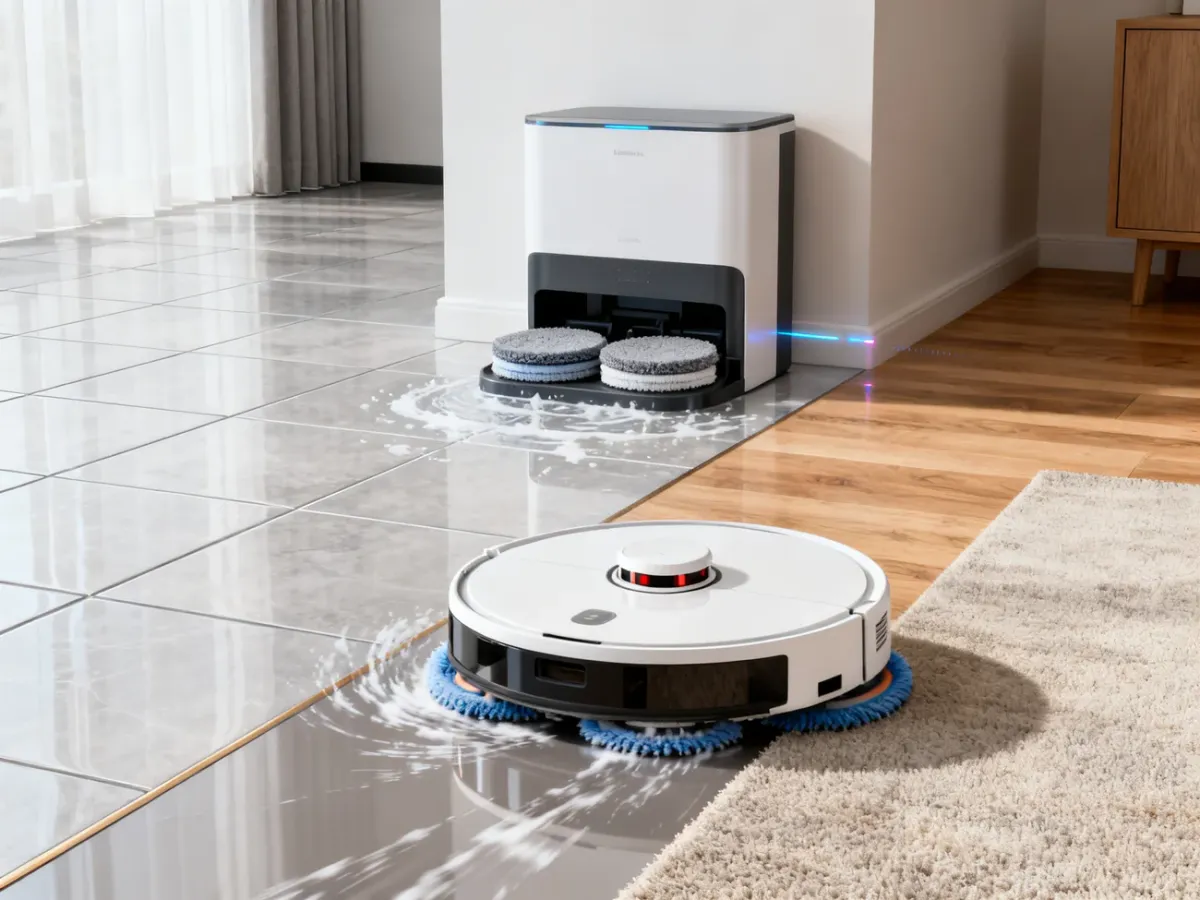 Robot sprzątający z obrotowymi padami przy stacji myjąco-suszącej w nowoczesnym domu