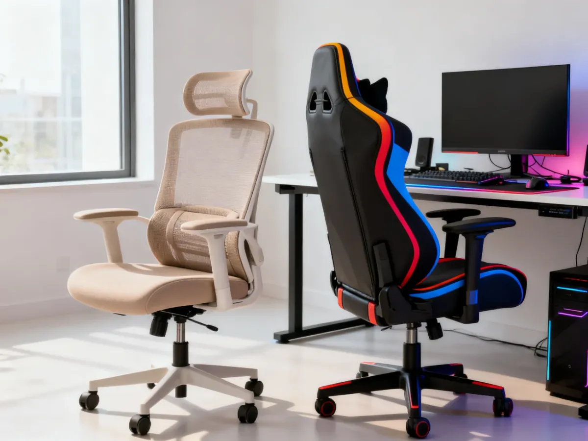 Porównanie ergonomicznego fotela biurowego i fotela gamingowego przy stanowisku komputerowym