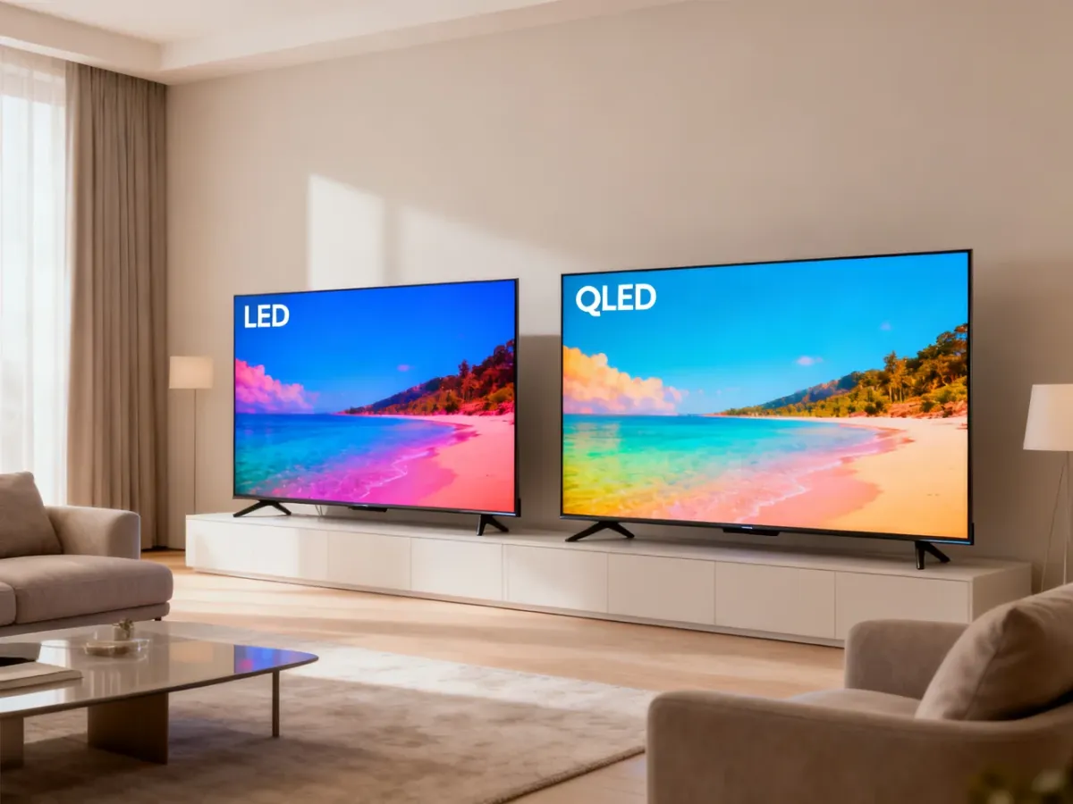 Dwa telewizory LED i QLED prezentowane obok siebie w nowoczesnym salonie