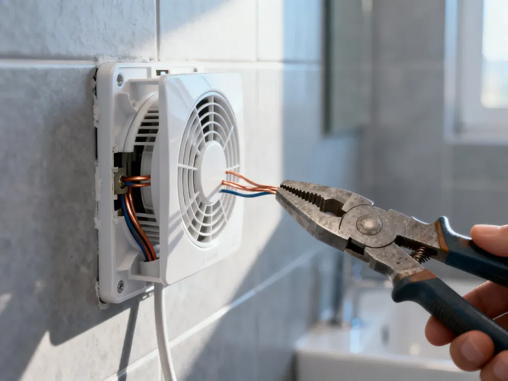 Montaż nowoczesnego wentylatora łazienkowego z widocznym podłączeniem przewodów elektrycznych za pomocą szczypiec.
