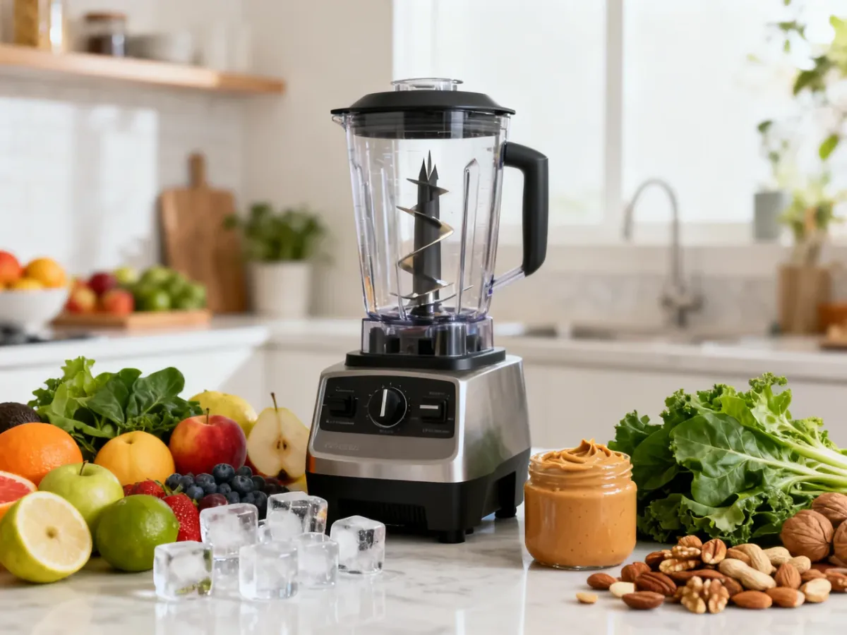 Blender kielichowy z różnorodnymi składnikami na kuchennym blacie