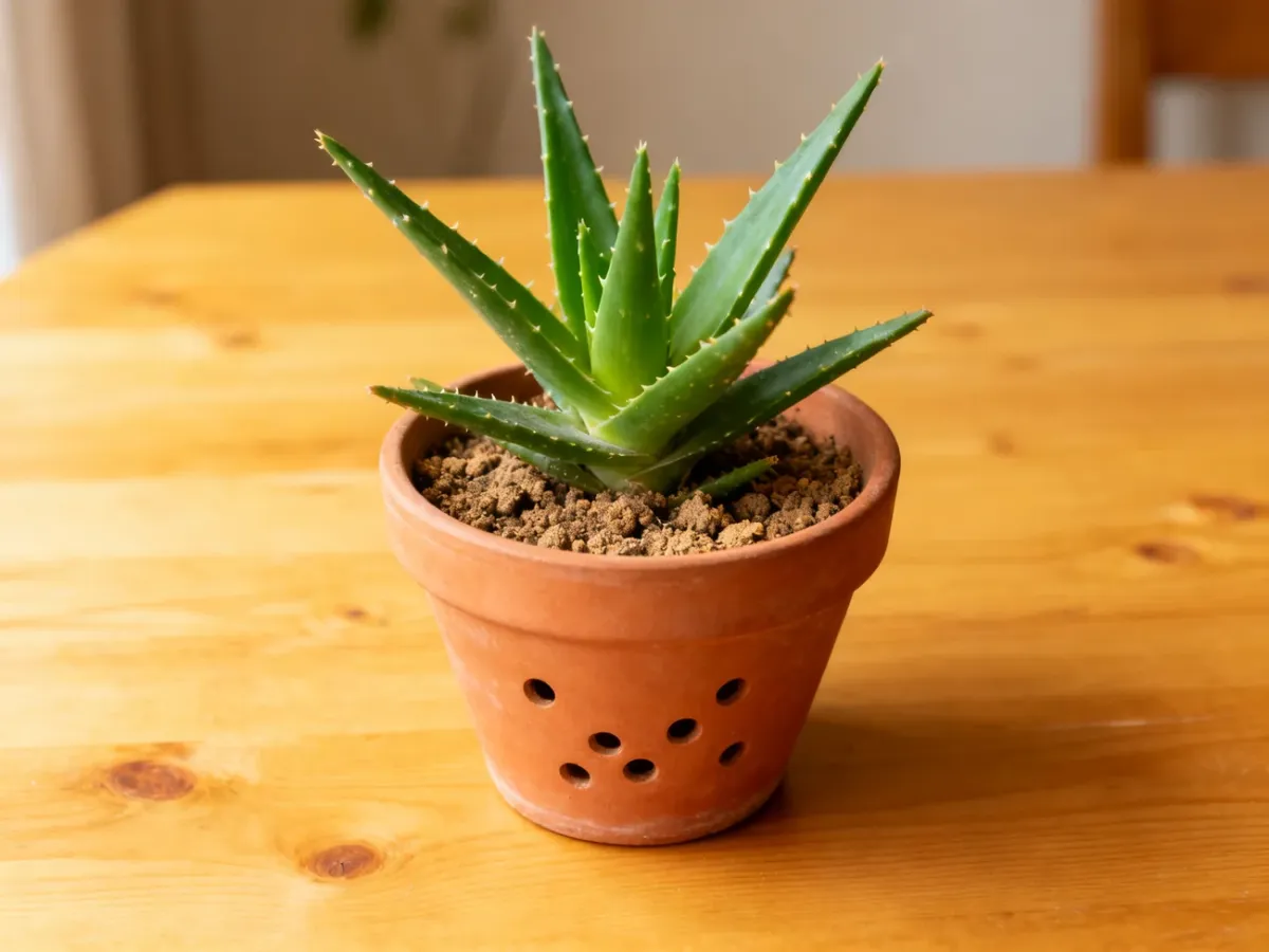 Zdrowy aloes w szerokiej terakotowej doniczce z otworami odpływowymi