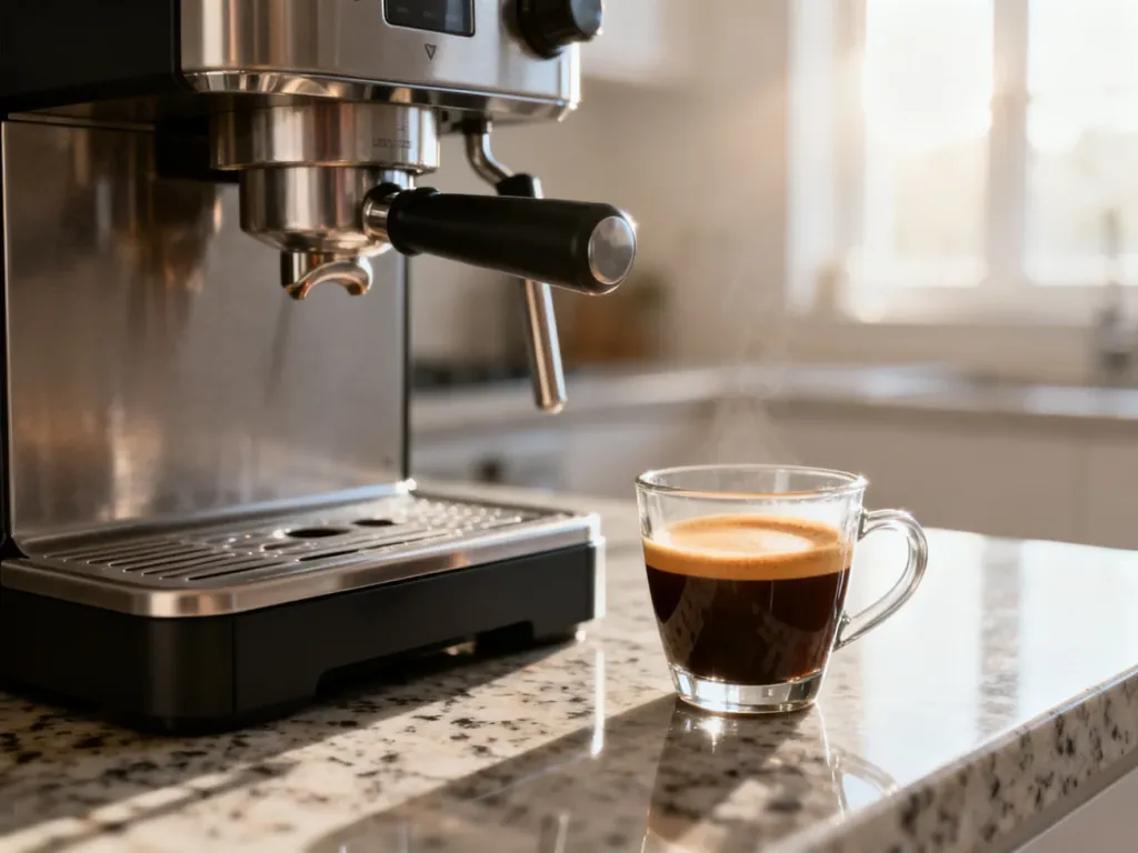 Nowoczesny ekspres do kawy Philips LatteGo z filiżanką świeżego espresso na kuchennym blacie.