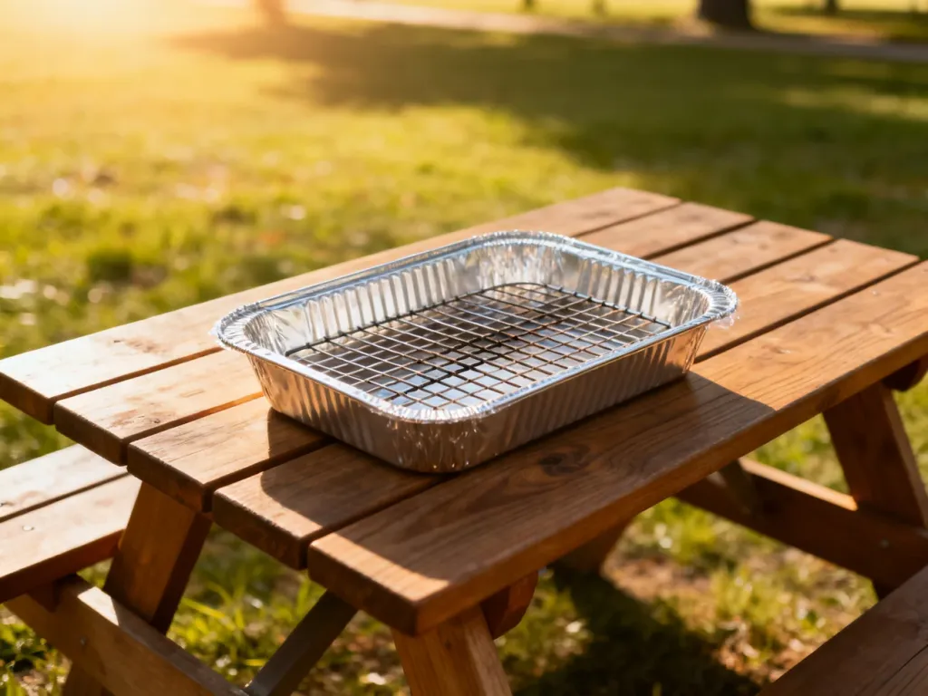 Nowy, nieotwarty grill jednorazowy na drewnianym stole w słonecznym parku, gotowy do użycia podczas pikniku.