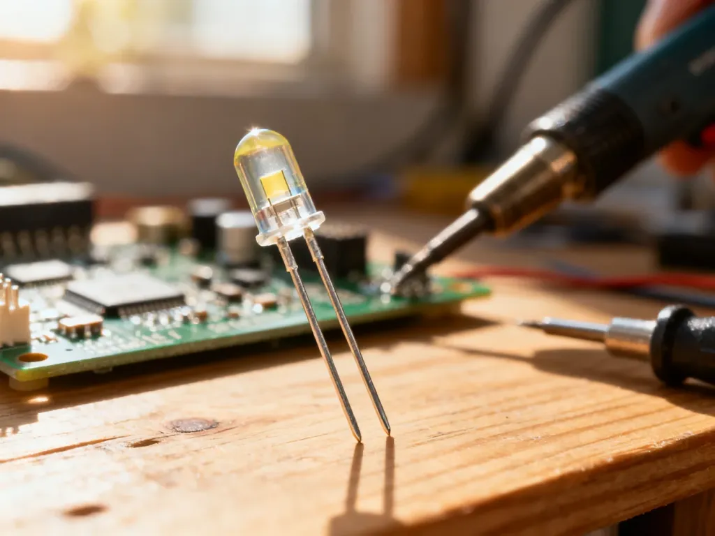 Zbliżenie na diodę LED z widocznymi nóżkami o różnej długości, wskazującymi na polaryzację elementu elektronicznego.