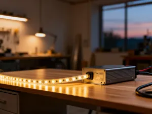 Zbliżenie na taśmę LED podłączoną do czujnika ruchu na drewnianym biurku, prezentujące montaż instalacji oświetleniowej.