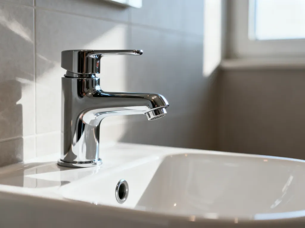 Nowoczesna chromowana bateria bidetowa zamontowana na białej ceramice w minimalistycznej łazience.