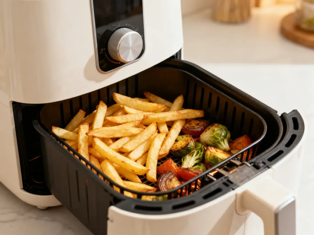 Otwarty airfryer z frytkami i pieczonymi warzywami w nowoczesnej kuchni